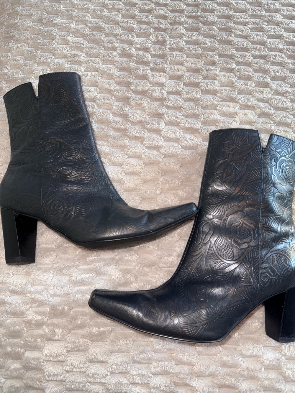 Tabitha Black Floral Embossed Leather Ankle Booties